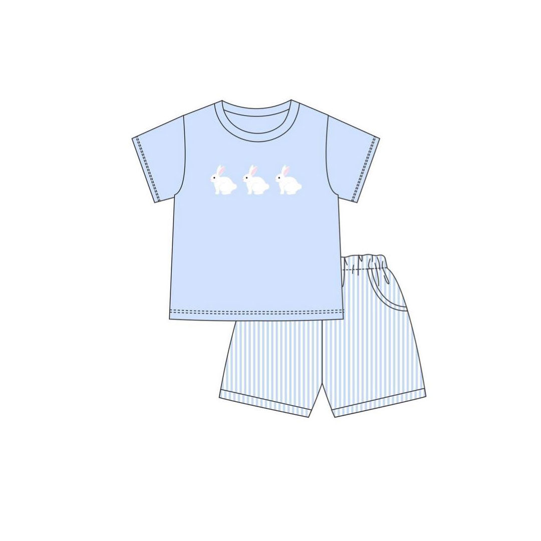 (Pre-order)BSSO1560  Bunny Blue Top Stripes Shorts Boys Easter Clothes Set