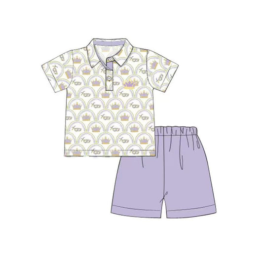 (Pre-order)BSSO1565 Mask Polo Top Purple Shorts Boys Mardi Gras Clothes Set