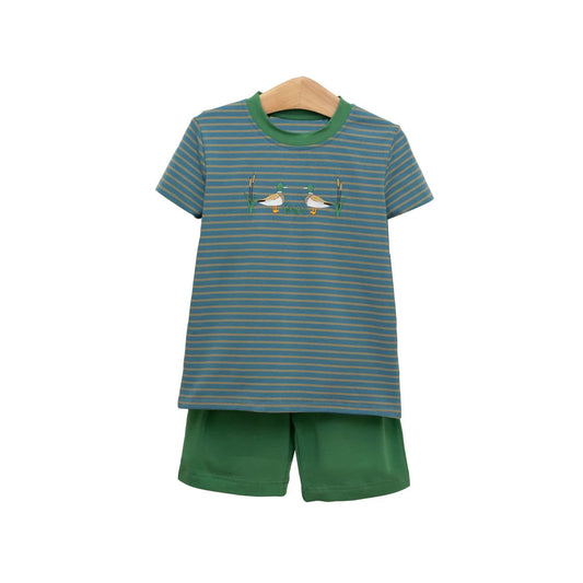 (Pre-order)BSSO1568 Duck Stripes Top Green Shorts Boys Summer Clothes Set