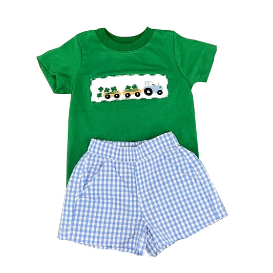 (Pre-order)BSSO1571 Leaf Tractor Green Top Plaid Shorts Boys St. Patrick's Day Clothes Set