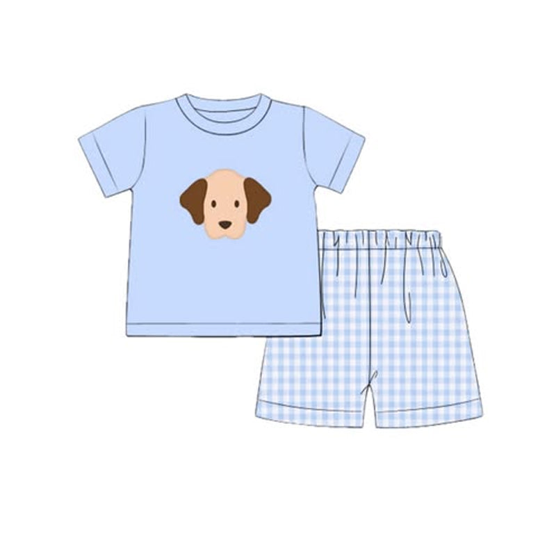 (Pre-order)BSSO1572 Puppy Blue Top Plaid Shorts Boys Summer Clothes Set