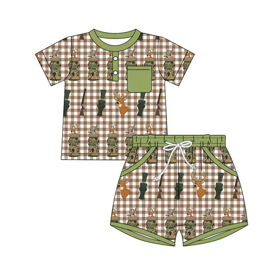 (Pre-order)BSSO1574 Duck Call Deer Plaid Top Pockets Shorts Boys Summer Clothes Set