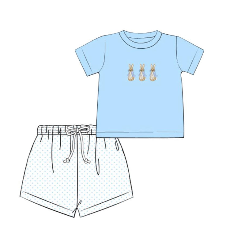 (Pre-order)BSSO1579 Bunny Blue Top Dots Shorts Boys Easter Clothes Set