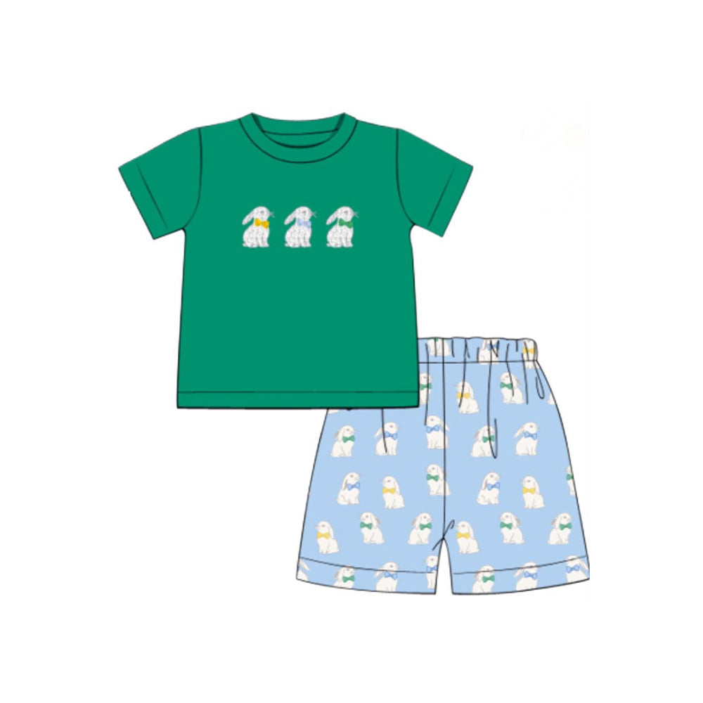 (Pre-order)BSSO1580 Bunny Green Top Blue Shorts Boys Easter Clothes Set