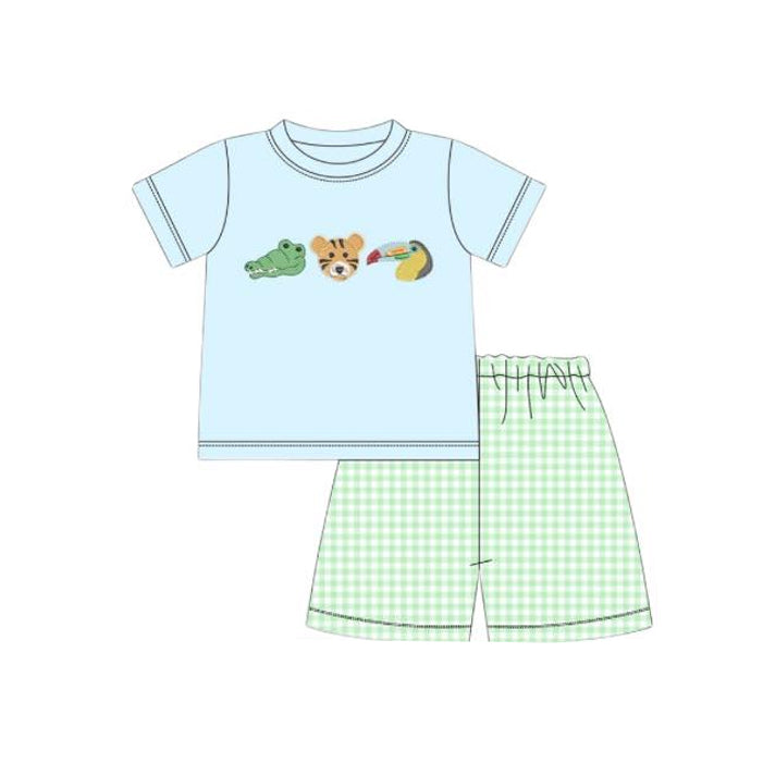 (Pre-order)BSSO1581 Animals Blue Top Plaid Shorts Boys Summer Clothes Set