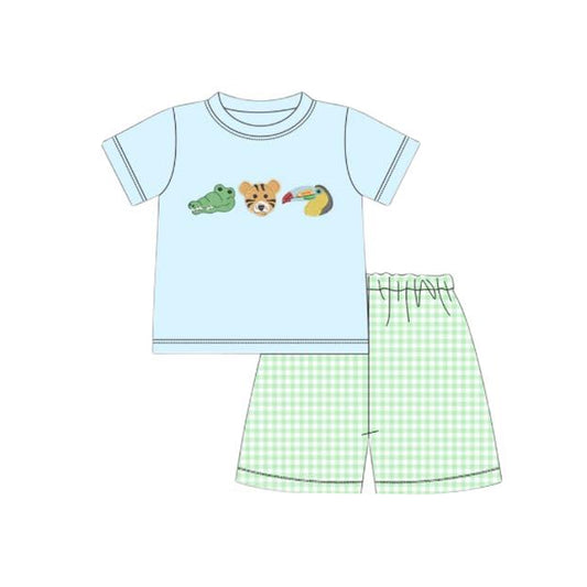 (Pre-order)BSSO1581 Animals Blue Top Plaid Shorts Boys Summer Clothes Set