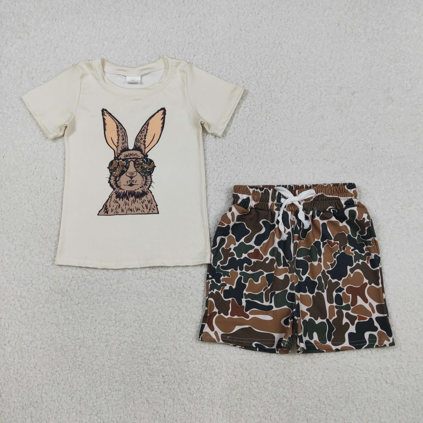 BSSO1582 Bunny Top Brown Camo Shorts Boys Easter Clothes Set