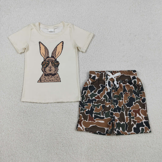 BSSO1582 Bunny Top Brown Camo Shorts Boys Easter Clothes Set