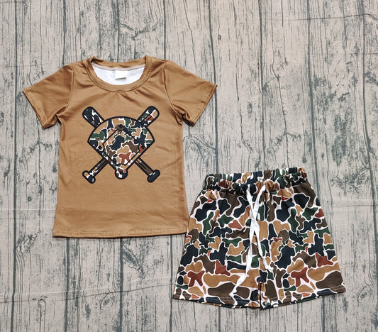 (Pre-order)BSSO1588 Baseball Top Brown Camo Shorts Boys Summer Clothes Set