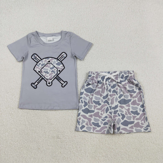 BSSO1589 Baseball Top Grey Camo Shorts Boys Summer Clothes Set
