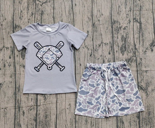 (Pre-order)BSSO1589 Baseball Top Grey Camo Shorts Boys Summer Clothes Set