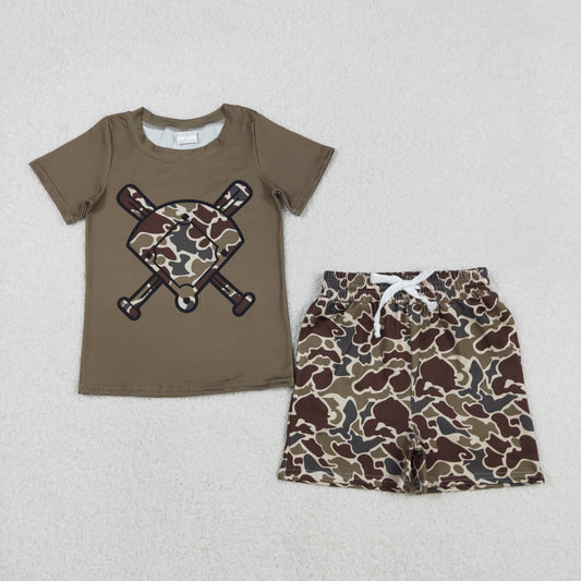 BSSO1593 Baseball Top Dark Brown Camo Shorts Boys Summer Clothes Set