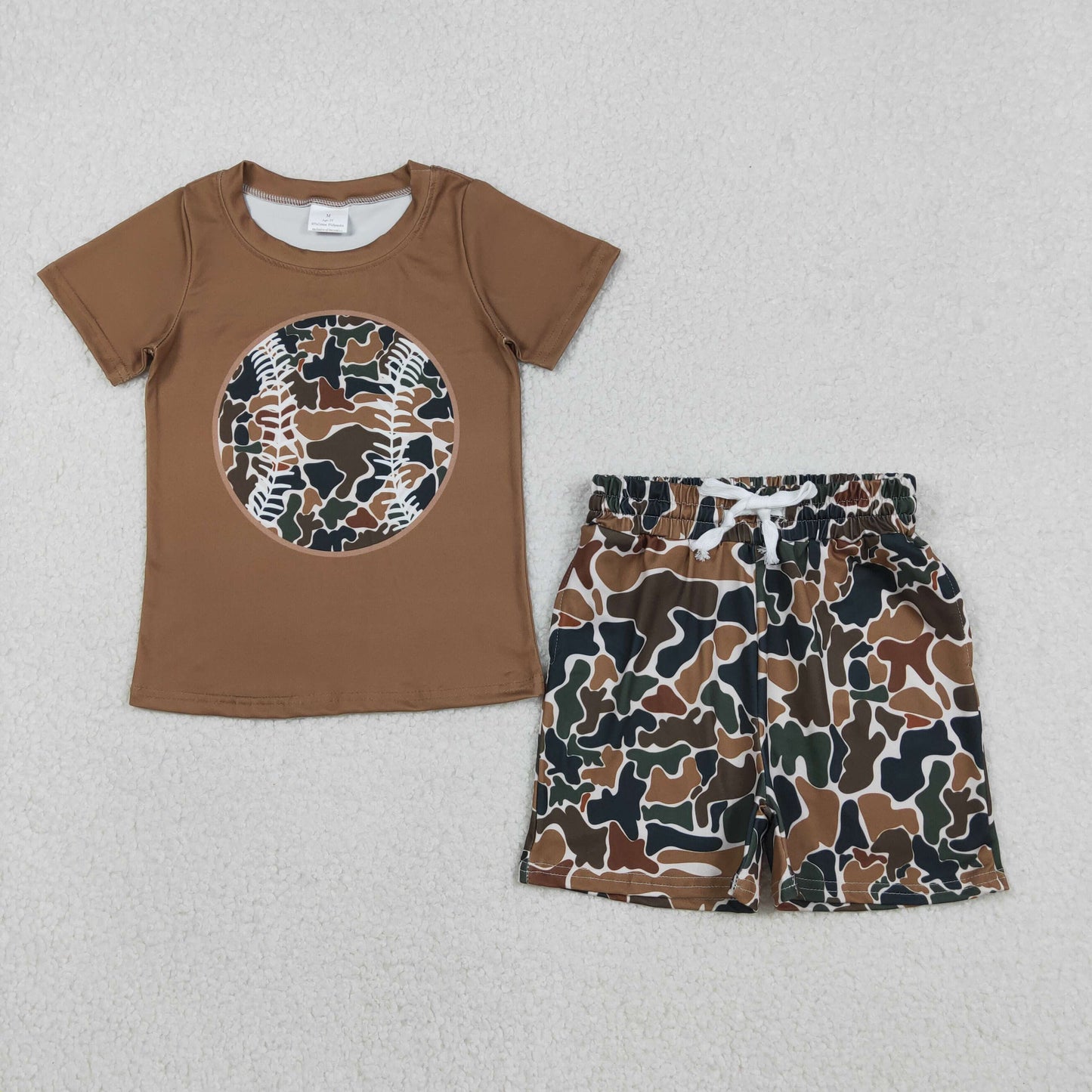 BSSO1597 Baseball Top Brown Camo Shorts Boys Summer Clothes Set