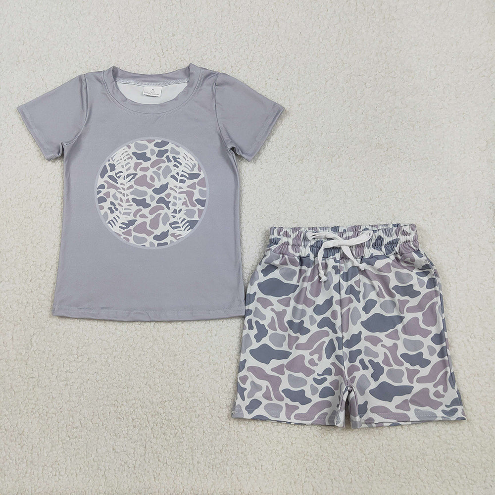 BSSO1598 Baseball Top Grey Camo Shorts Boys Summer Clothes Set