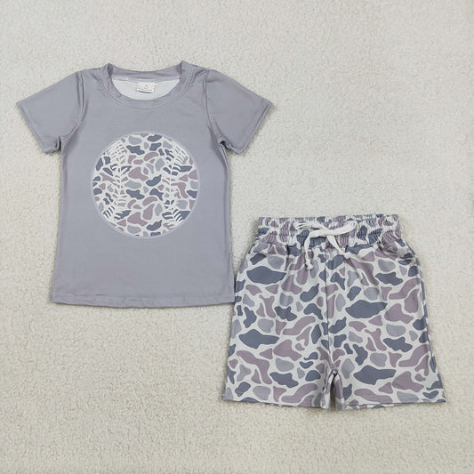 BSSO1598 Baseball Top Grey Camo Shorts Boys Summer Clothes Set