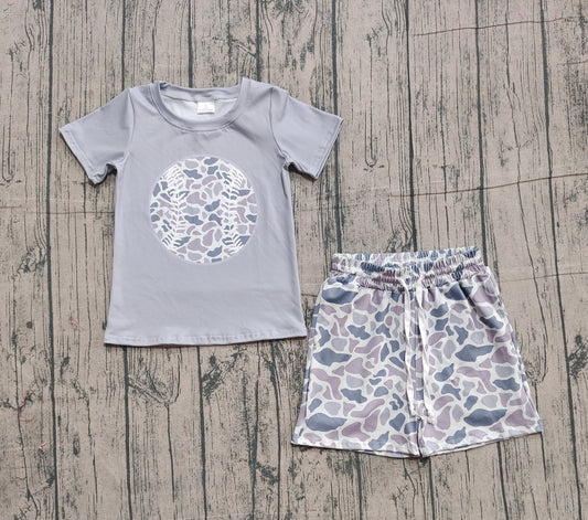 (Pre-order)BSSO1598 Baseball Top Grey Camo Shorts Boys Summer Clothes Set