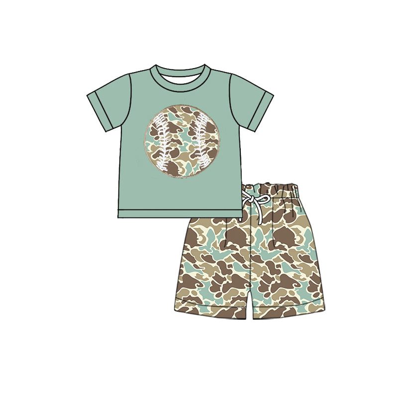 (Pre-order)BSSO1599 Baseball Top Green Camo Shorts Boys Summer Clothes Set