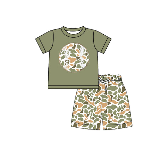 (Pre-order)BSSO1600 Baseball Top Green Orange Camo Shorts Boys Summer Clothes Set