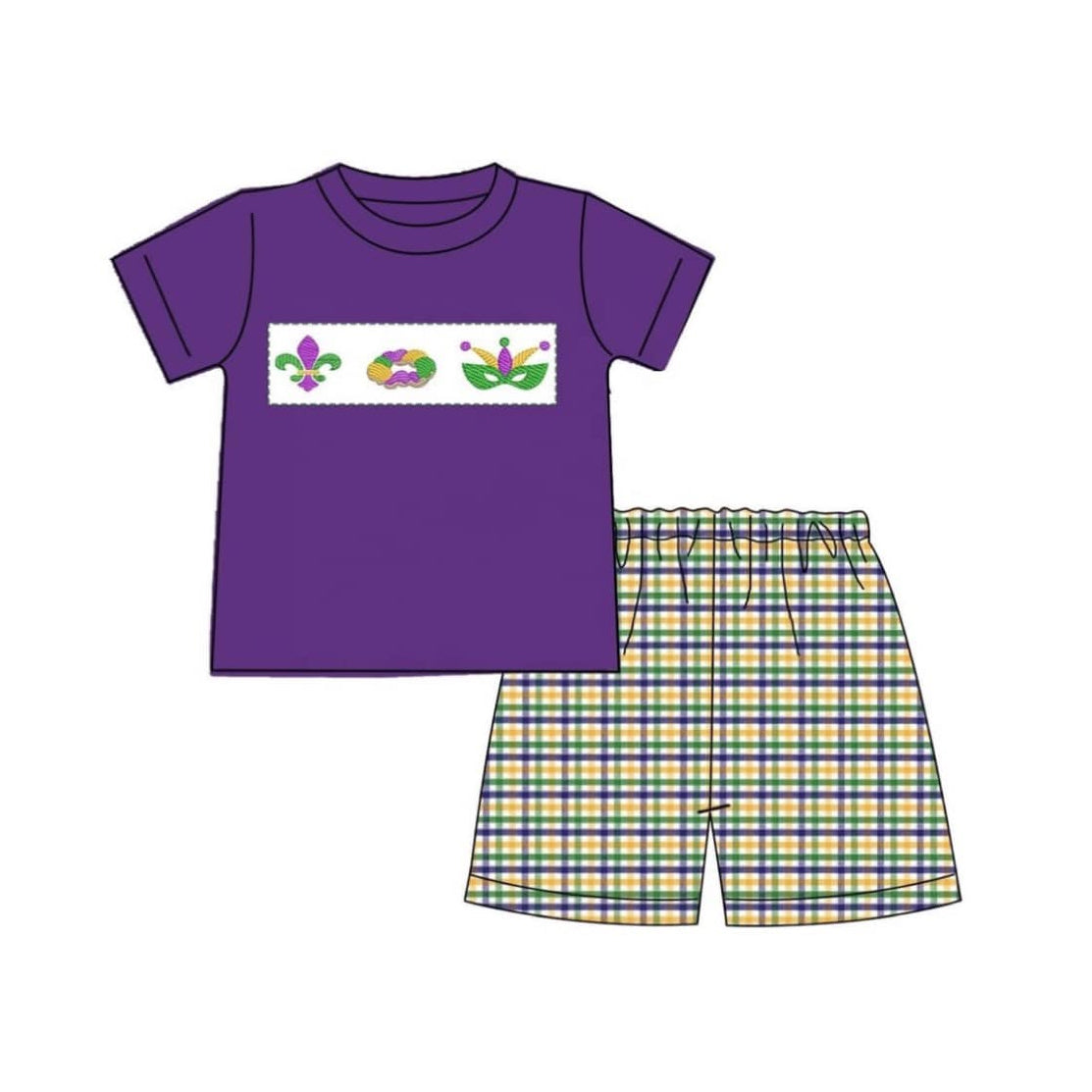 (Pre-order)BSSO1603 Anchor Donut Mask Top Plaid Shorts Boys Mardi Gras Clothes Set