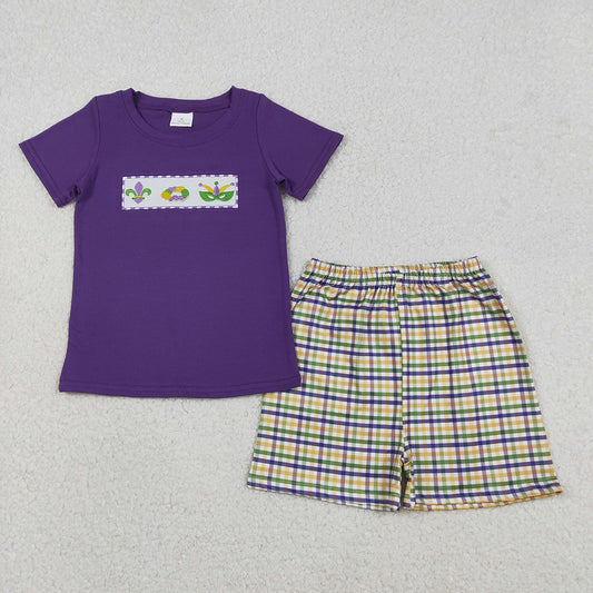 BSSO1603 Anchor Donut Mask Embroidery Purple Top Plaid Shorts Boys Mardi Gras Clothes Set