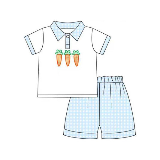 (Pre-order)BSSO1604 Carrot Polo Top Blue Plaid Shorts Boys Easter Clothes Set