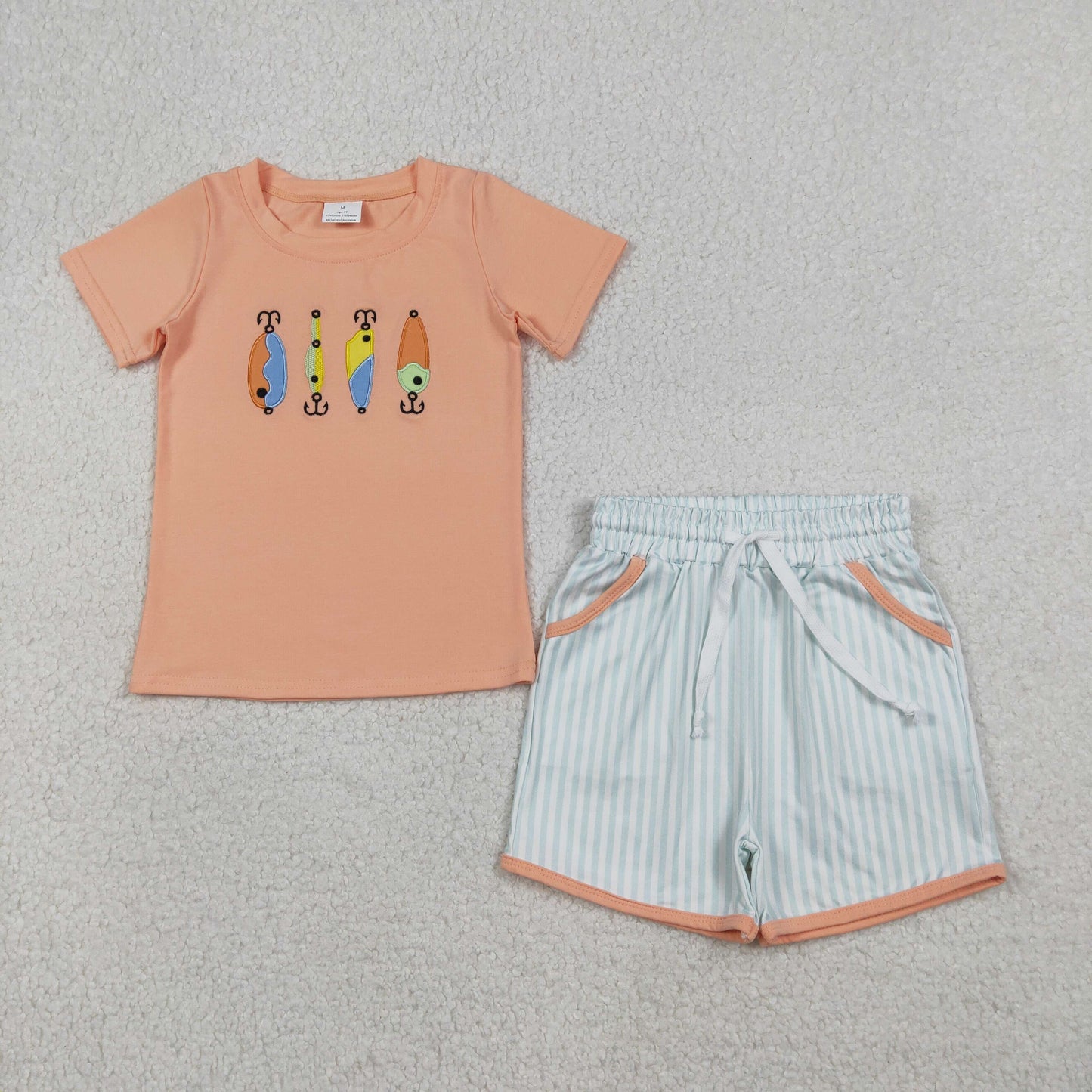 BSSO1606 Fishhook Embroidery Top Stripes Shorts Boys Summer Clothes Set
