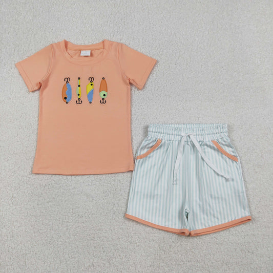 BSSO1606 Fishhook Embroidery Top Stripes Shorts Boys Summer Clothes Set