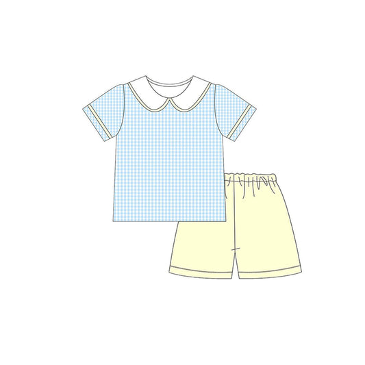 (Pre-order)BSSO1607 Blue Plaid Top Yellow Shorts Boys Summer Clothes Set