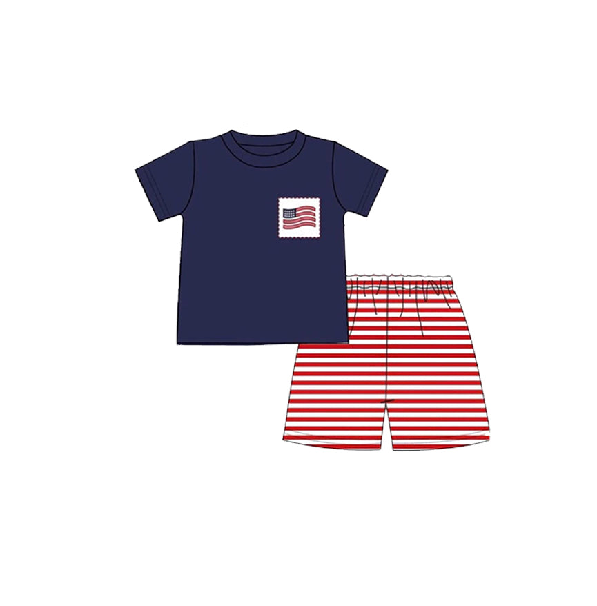 (Pre-order)BSSO1609 Flag Pocket Navy Top Red Stripes Shorts Boys 4th of July Clothes Set