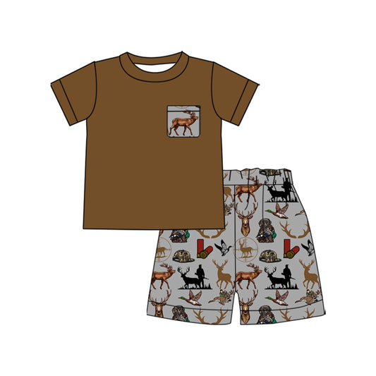 (Pre-order)BSSO1610 Brown Pocket Top Dog Duck Deer Hunting Shorts Boys Summer Clothes Set