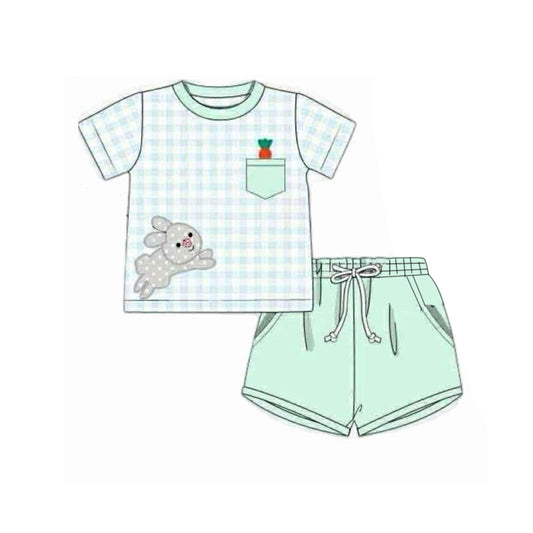 (Pre-order)BSSO1614  Bunny Carrot Plaid Top Pockets Shorts Boys Easter Clothes Set