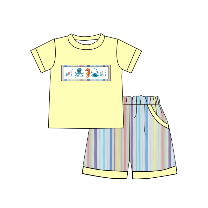 (Pre-order)BSSO1616  Octopus Seahorse Crab Yellow Top Stripes Shorts Boys Summer Clothes Set