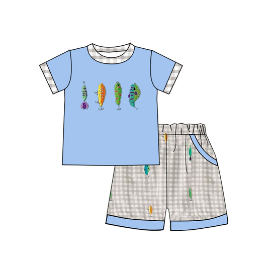 (Pre-order)BSSO1617 Fishhook Blue Top Plaid Shorts Boys Summer Clothes Set