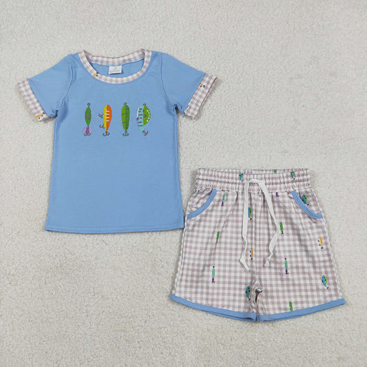BSSO1617 Fishhook Embroidery Blue Top Plaid Shorts Boys Summer Clothes Set