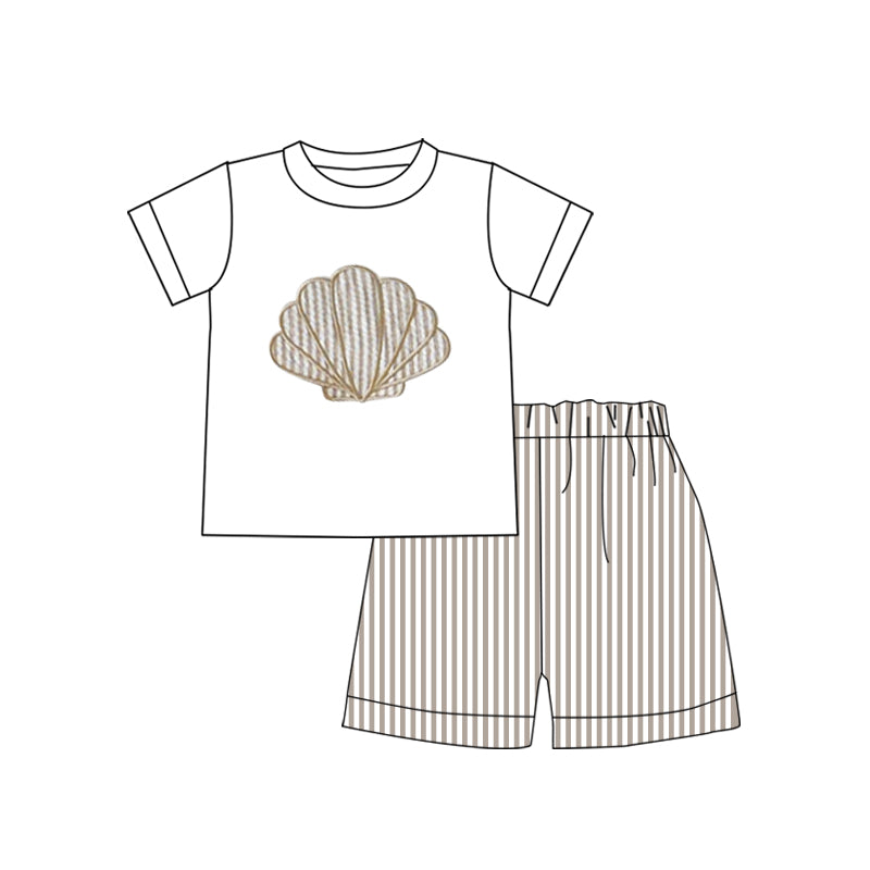 (Pre-order)BSSO1618 Shell White Top Stripes Shorts Boys Summer Clothes Set