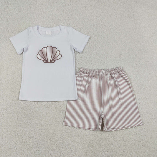 BSSO1618 Shell Embroidery White Top Stripes Shorts Boys Summer Clothes Set
