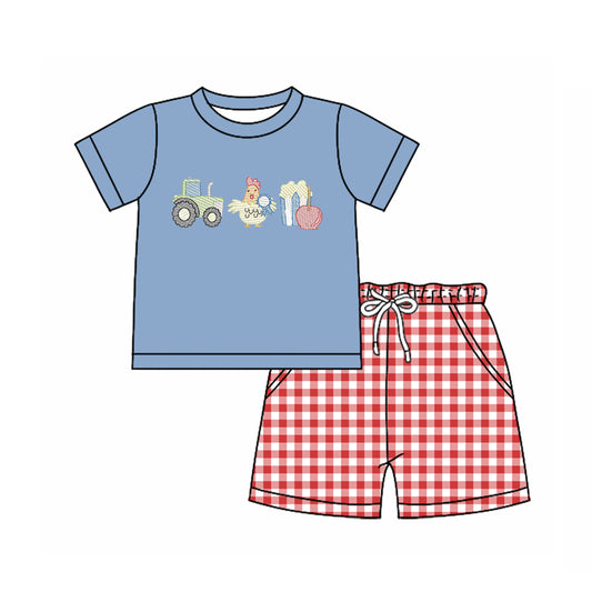 (Pre-order)BSSO1620 Farm Tractor Blue Top Plaid Shorts Boys Summer Clothes Set
