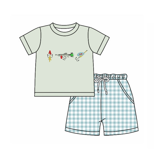(Pre-order)BSSO1621 Fishhook Top Plaid Shorts Boys Summer Clothes Set
