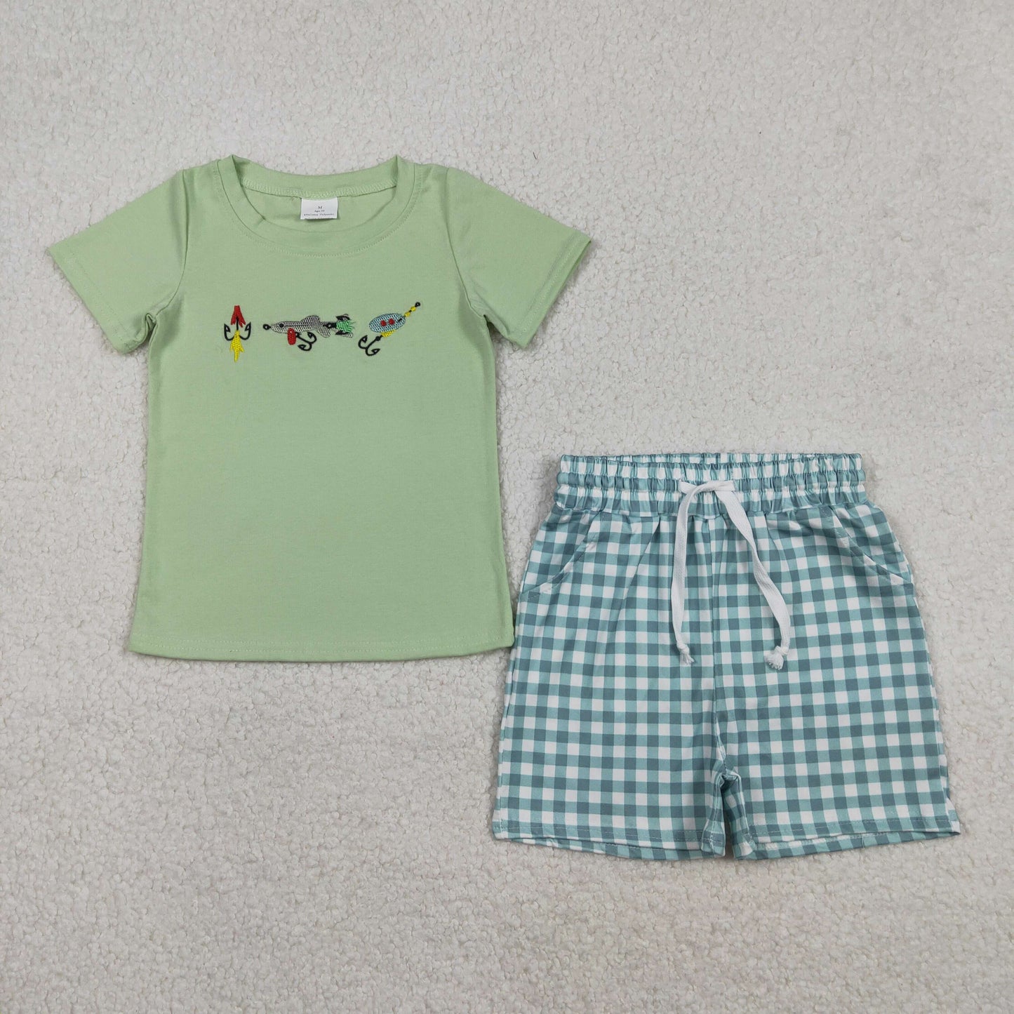 BSSO1621 Fishhook Embroidery Green Top Plaid Shorts Boys Summer Clothes Set
