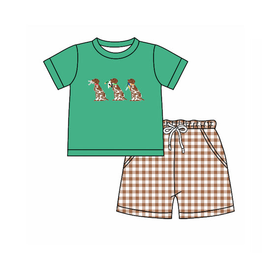 (Pre-order)BSSO1622 Dog Hunting Green Top Plaid Shorts Boys Summer Clothes Set