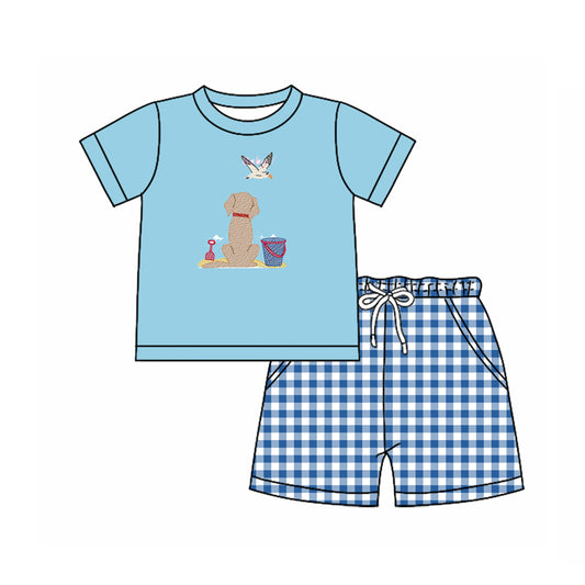 (Pre-order)BSSO1623 Duck Puppy Beach Blue Top Plaid Shorts Boys Summer Clothes Set