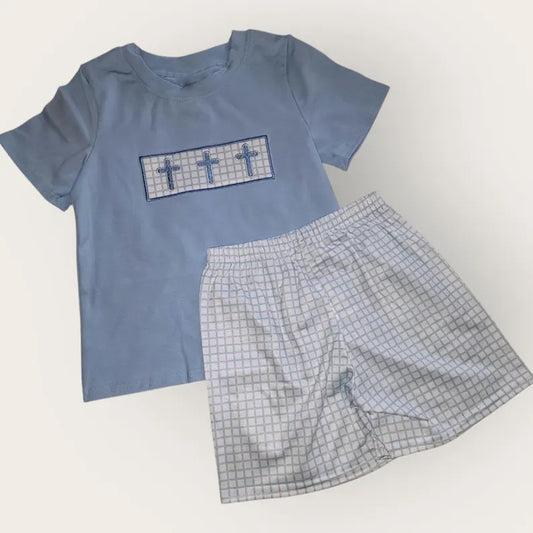 (Pre-order)BSSO1624  Cross Blue Top Plaid Shorts Boys Easter Clothes Set
