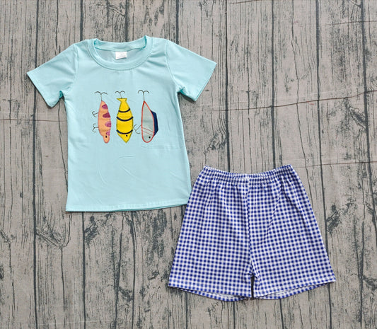 (Pre-order)BSSO1628  Fishhook Top Plaid Shorts Boys Summer Clothes Set