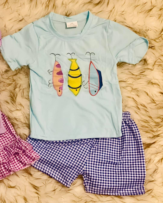 (Pre-order)BSSO1628  Fishhook Top Plaid Shorts Boys Summer Clothes Set