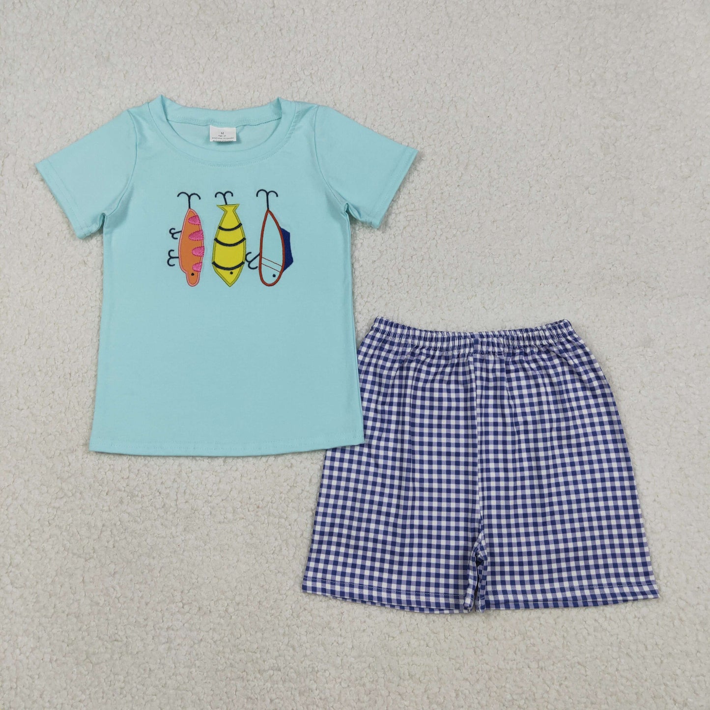 BSSO1628  Fishhook Embroidery Blue Top Plaid Shorts Boys Summer Clothes Set