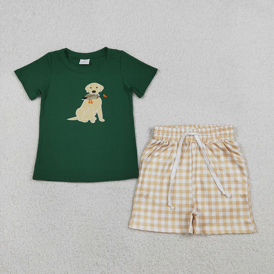 BSSO1636 Dog Duck Embroidery Green Top Plaid Shorts Boys Summer Clothes Set