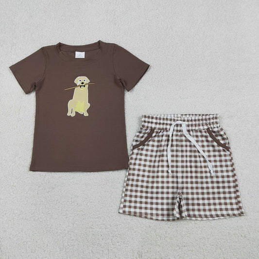 BSSO1637 Dog Embroidery Brown Top Plaid Shorts Boys Summer Clothes Set