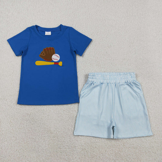 BSSO1670 Baseball Embroidery Blue Top Stripes Shorts Boys Summer Clothes Set