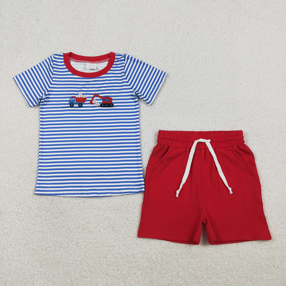 BSSO1671 Trucks Baseball Embroidery Stripes Top Red Shorts Boys Summer Clothes Set