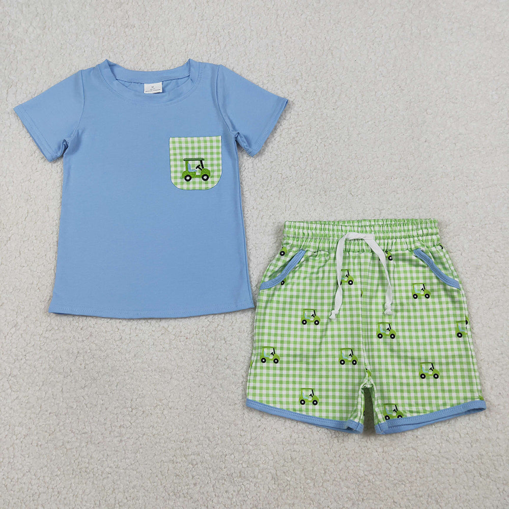 BSSO1672 Blue Pocket Top Golf Trucks Shorts Boys Summer Clothes Set
